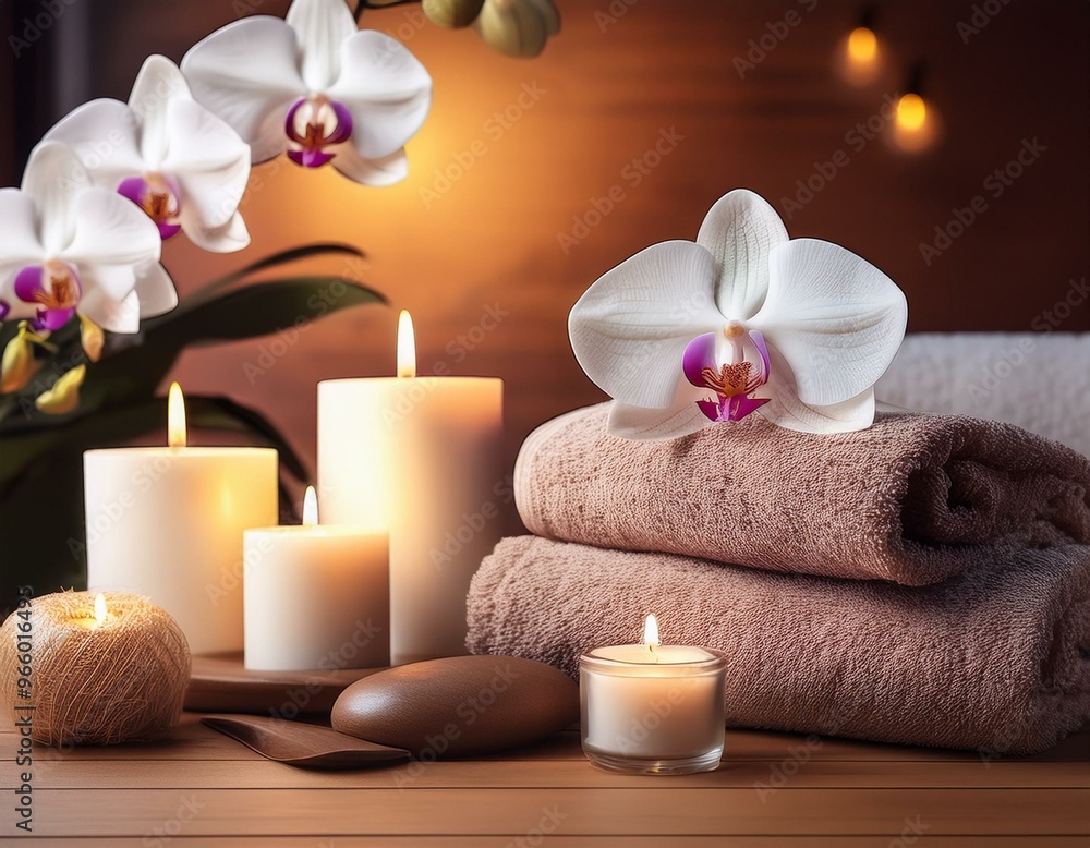 Spa towels and candles on a table with orchids Spa towels and candles on a table with orchids