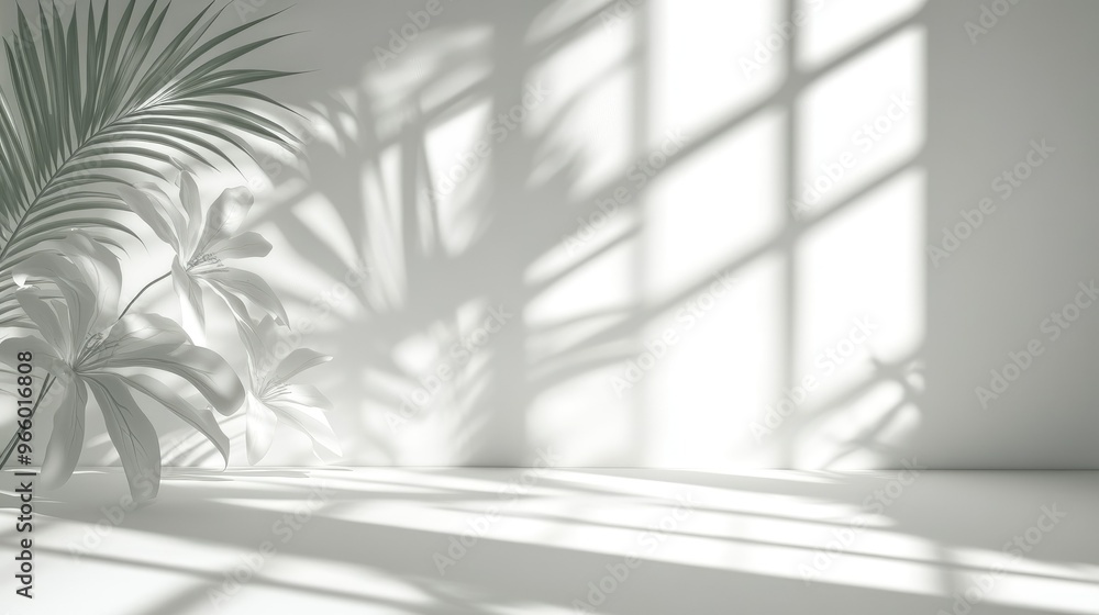Abstract white studio background with shadows of window panes, flowers, and palm leaves. Perfect for product presentation with ample copy space. Abstract white studio background with shadows of window panes, flowers, and palm leaves. Perfect for product presentation with ample copy space.