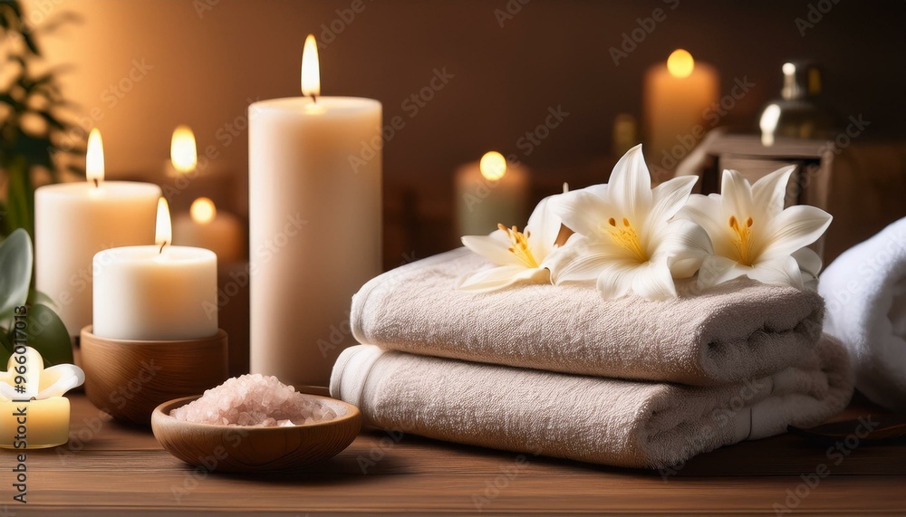 Spa treatment setup with candles, towels, and bath salts on a wooden table. Spa treatment setup with candles, towels, and bath salts on a wooden table.