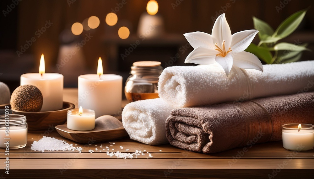 Spa treatment setup with candles, towels, and bath salts on a wooden table. Spa treatment setup with candles, towels, and bath salts on a wooden table.