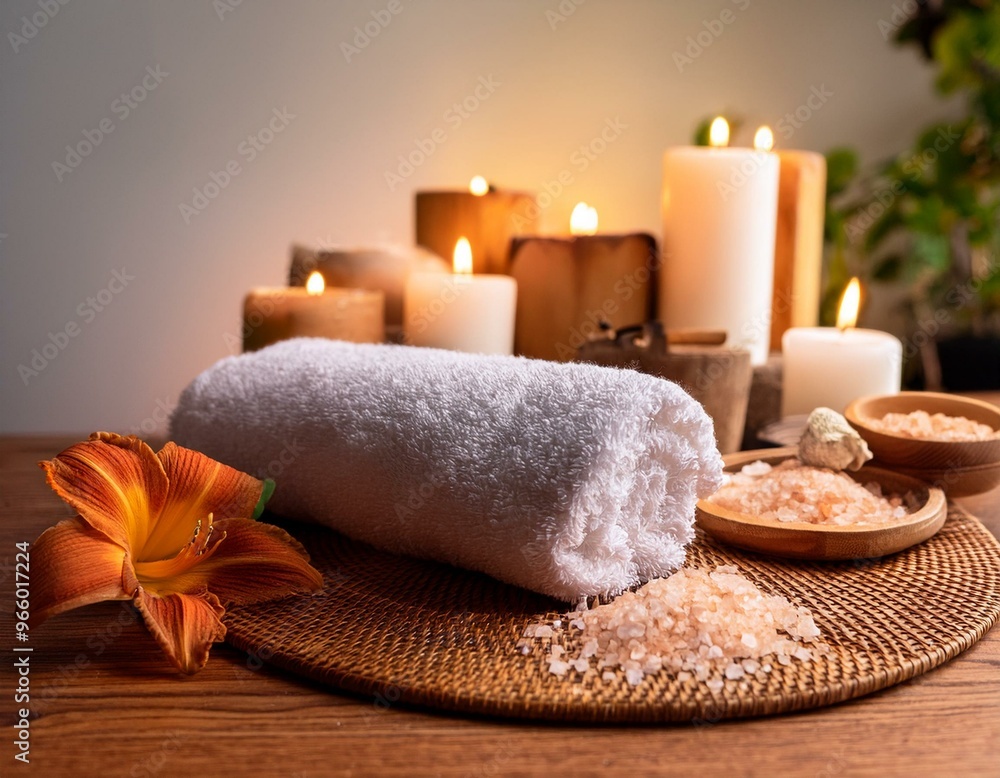 Spa treatment table with towel, flowers, and salt crystals, with candles in the background. Relaxing and tranquil atmosphere. Spa treatment table with towel, flowers, and salt crystals, with candles in the background. Relaxing and tranquil atmosphere.