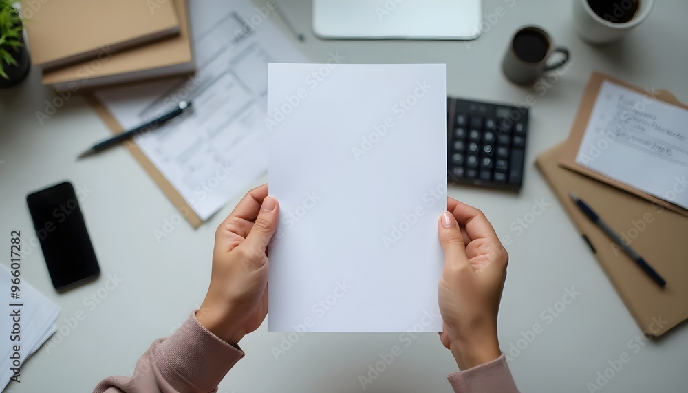 Person holding a blank white A4 sheet of paper with a workspace in the background. Person holding a blank white A4 sheet of paper with a workspace in the background.