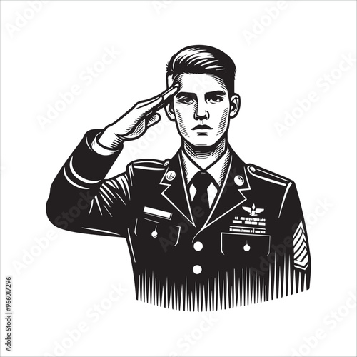 Young adult in military uniform salutes vector illustation silhouette