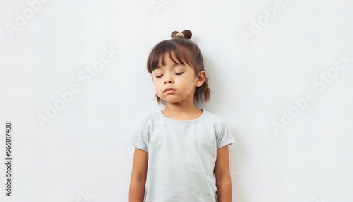 there is a little girl standing against a wall with her eyes closed.