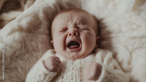 Newborn Eastern European Baby Crying in Soft White Blanket, Gentle Photography Concept for Baby Care and Comfort