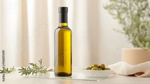 A bottle of olive oil next to a bowl filled with olives and some scattered herbs.