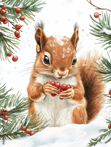 A cute squirrel holds red berries among snow-covered pine branches in winter ...