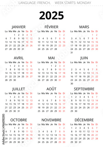2025 french calendar. Printable, editable simple vector illustration France. 12 months year calendrier