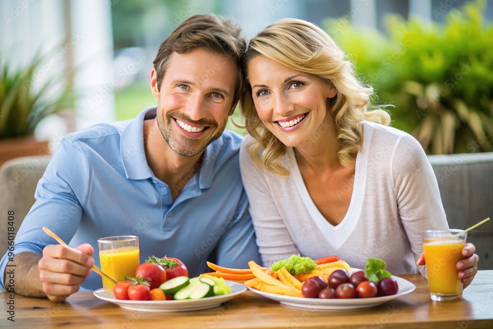 A Happy Couple Smiles While Enjoying A Plate Of Healthy Snacks, Including Fruits, Vegetables, And Dips A Happy Couple Smiles While Enjoying A Plate Of Healthy Snacks, Including Fruits, Vegetables, And Dips