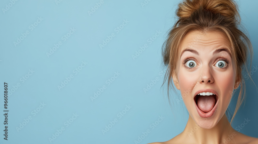 A woman with a shocked expression, wide open mouth and eyes, looking straight ahead, isolated against a light blue background. A woman with a shocked expression, wide open mouth and eyes, looking straight ahead, isolated against a light blue background.