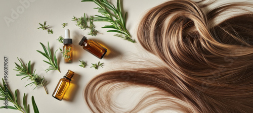 Wallpaper Mural A long, brown hair with blonde highlights is laying on the table, next to it there are two small glass bottles of cannabis oil and some rosemary leaves.  Torontodigital.ca