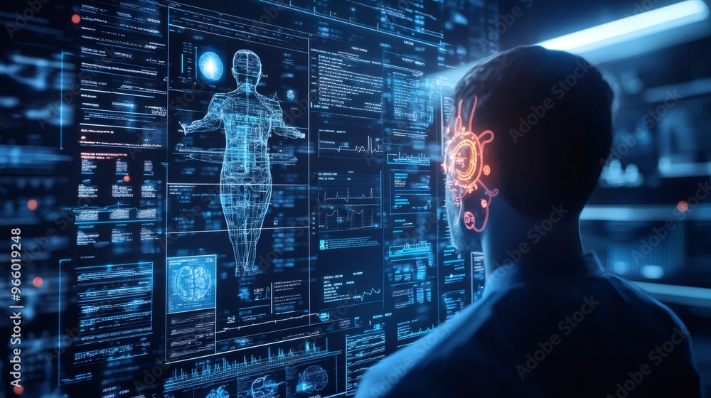 A man stands before a wall of glowing screens showing futuristic medical data. A man stands before a wall of glowing screens showing futuristic medical data.