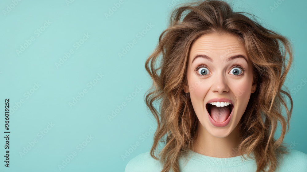 A young woman with a joyful expression, wide open mouth, and big smile, showing excitement against a plain green background. A young woman with a joyful expression, wide open mouth, and big smile, showing excitement against a plain green background.