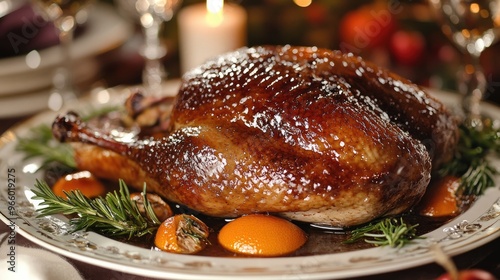 Roasted duck served with a rich orange sauce and crispy skin, ready to be enjoyed at a dinner party. photo