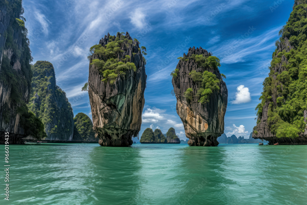 Obraz premium Traditional boat in tropical lagoon surrounded by towering limestone cliffs