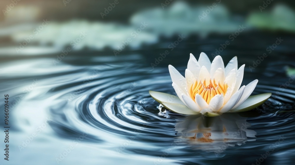 Lotus flower gently floating on still water, surrounded by soft ripples, creating a calming and meditative atmosphere. Lotus flower gently floating on still water, surrounded by soft ripples, creating a calming and meditative atmosphere.