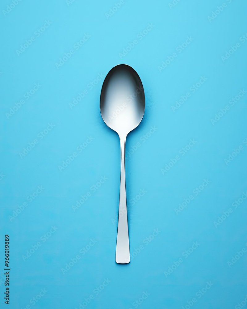 A sleek stainless steel spoon on a vibrant blue background, perfect for culinary and kitchen themed projects. A sleek stainless steel spoon on a vibrant blue background, perfect for culinary and kitchen themed projects.