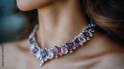 Close-up of a silver necklace with amethyst, aquamarine, and white gemstones on an elegant woman's neck, highlighting the intricate details.