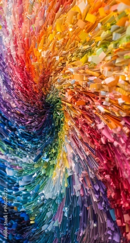 Colorful swirling artwork made of plastic pieces, showcasing vibrant hues and...