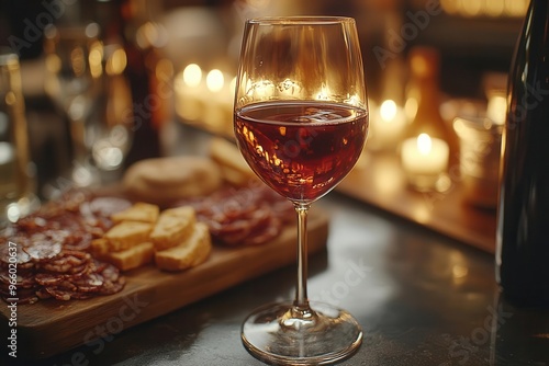 intimate wine tasting event with a closeup of a sommeliers hand swirling a glass of rubyred wine outoffocus charcuterie board and patrons in the softlit background photo