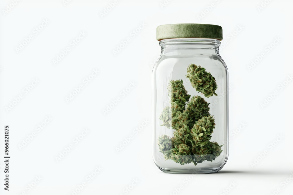 A glass jar filled with fresh green cannabis buds against a clean white background, showcasing nature's vibrant beauty. A glass jar filled with fresh green cannabis buds against a clean white background, showcasing nature's vibrant beauty.