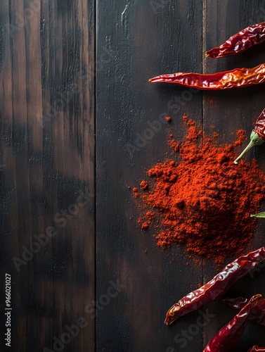 Chili Powder and Dried Peppers
Bright red chili powder next to dried chili peppers, all set against dark wood grain. photo