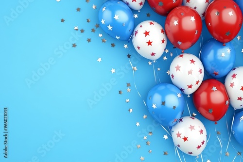 Colorful balloons with stars arranged on a blue background for a festive cele...