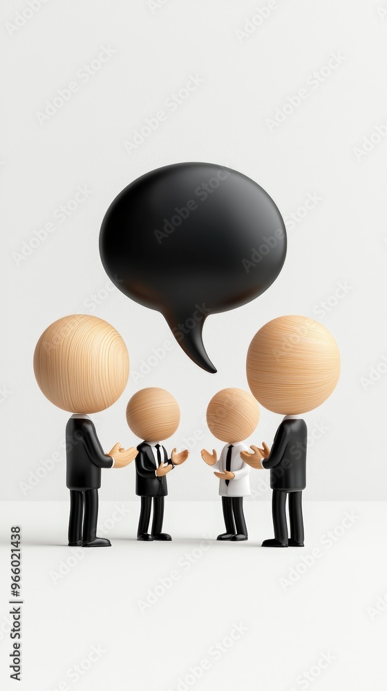 A group of wooden figures in business attire engaging in conversation, emphasizing teamwork and communication in a minimalist setting. A group of wooden figures in business attire engaging in conversation, emphasizing teamwork and communication in a minimalist setting.