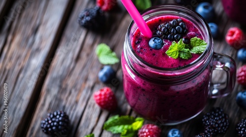 Refreshing berry smoothie in a glass jar surrounded by fresh berries on a woo...