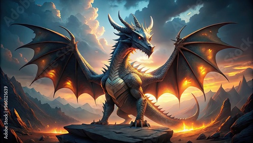 A majestic dragon stands proudly in a powerful front view pose, scales glistening in the light, wings spread wide, and eyes fixed on something distant. photo