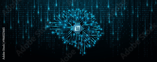AI brain with CPU microchip and glowing circuit board. Futuristic flowing binary code into cyberspace. Artificial intelligence with processor analyzes big data. Vector illustration. EPS 10.