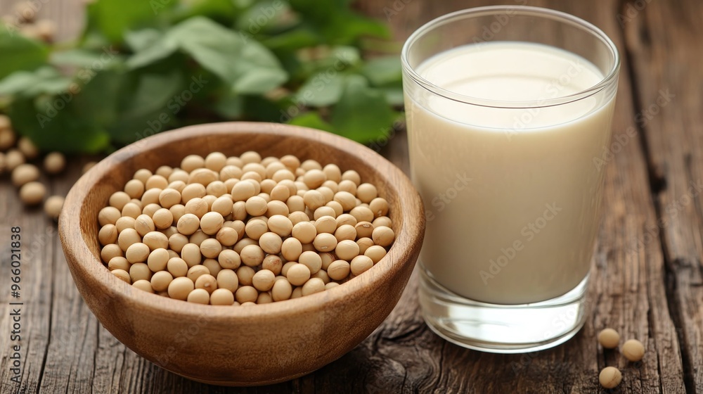 closeup of soy beans in a wooden bowl with soy milk in a glass, showcasing plant-based protein, vegan nutrition, and dairy-free food options closeup of soy beans in a wooden bowl with soy milk in a glass, showcasing plant-based protein, vegan nutrition, and dairy-free food options