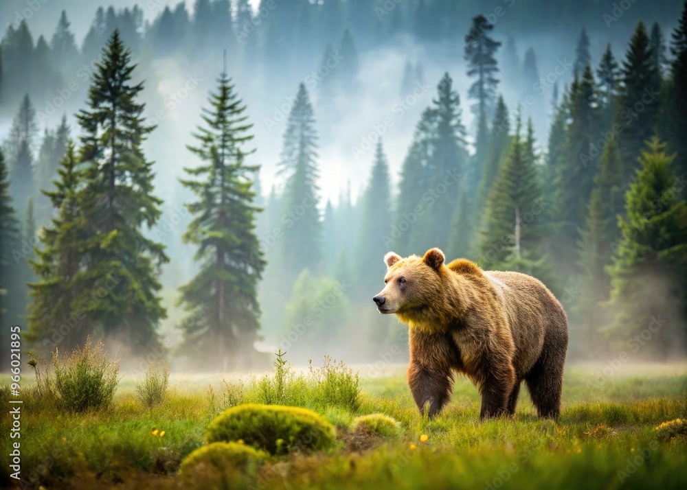 A majestic golden brown grizzly bear walks alone on a serene misty mountain meadow, surrounded by towering trees and lush greenery in California wilderness. A majestic golden brown grizzly bear walks alone on a serene misty mountain meadow, surrounded by towering trees and lush greenery in California wilderness.
