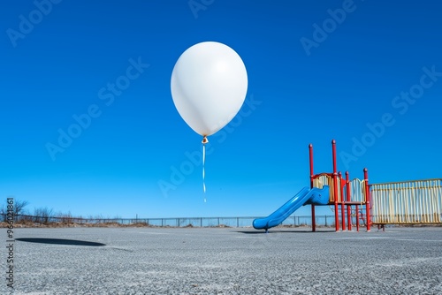 A single balloon floating into the sky above an empty playground, loneliness, symbol of lost childhood joy photo