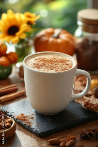 Product photo of Pumpkin Spice Latte, coffee, topped with whipped cream and cinnamon. studio lighting.	