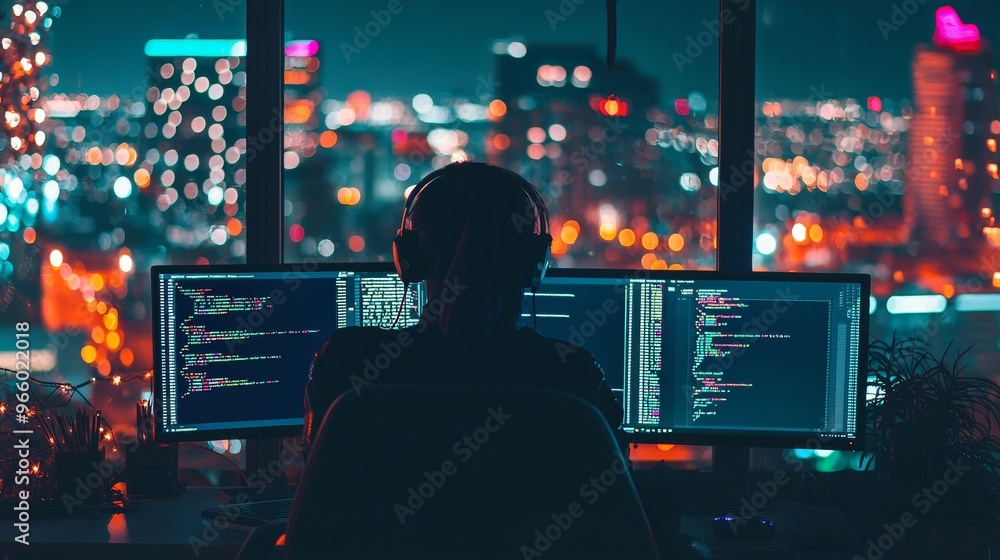 Back view of a military surveillance officer performing a city tracking operation in a Cyber Control and Monitoring Hub for managing national security. Stock. Back view of a military surveillance officer performing a city tracking operation in a Cyber Control and Monitoring Hub for managing national security. Stock.