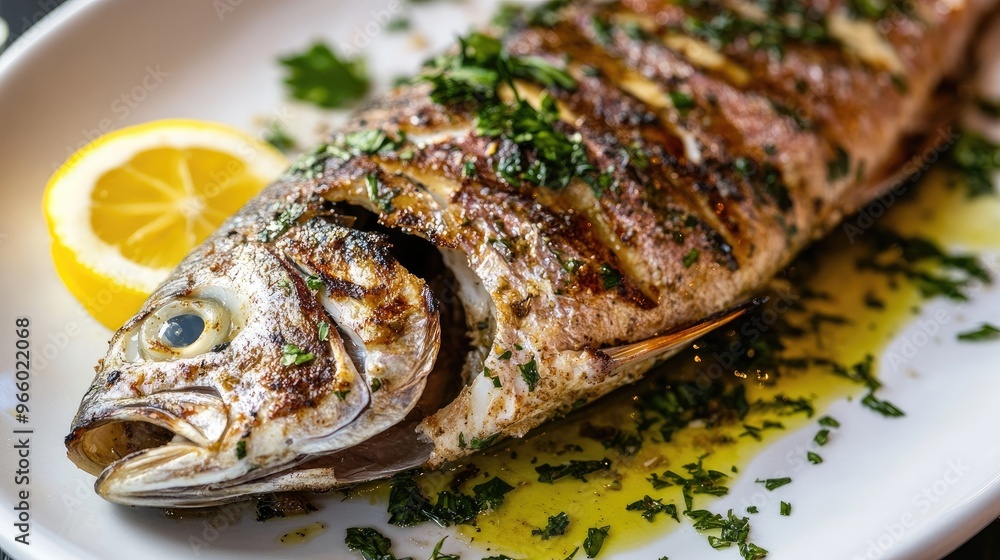 Whole grilled fish on a platter, garnished with lemon, herbs, and olive oil. Whole grilled fish on a platter, garnished with lemon, herbs, and olive oil.