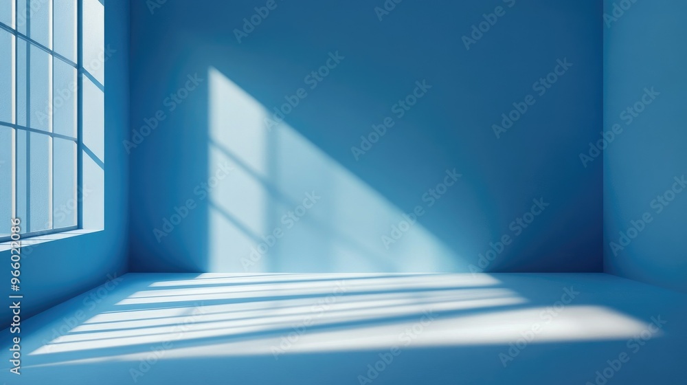 Fototapeta premium Minimalistic blue studio space with faint window shadows, perfect for a clean and contemporary product presentation.