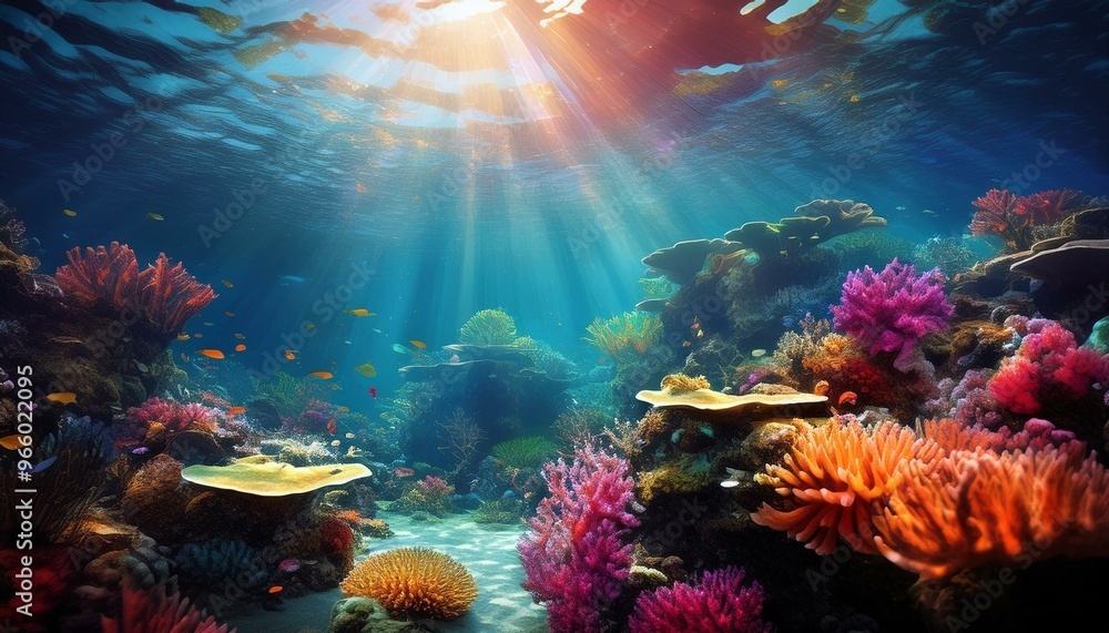 Naklejka premium Underwater scene with vibrant coral reefs and sunlight rays