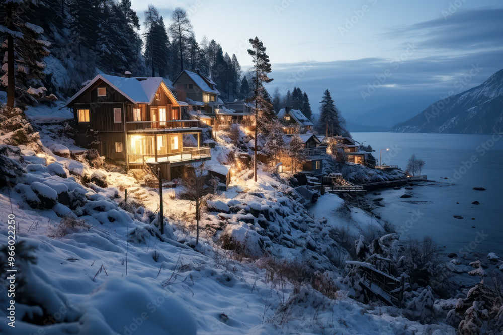 Cozy winter cabins on a snowy mountainside at dusk Cozy winter cabins on a snowy mountainside at dusk