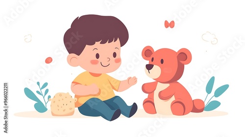 Adorable Baby Playing with Stuffed Animal - Minimalist Vector Illustration on White Background