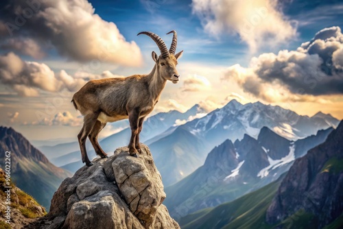 A majestic goat stands atop a rugged mountain peak, symbolizing determination and perseverance, with a subtle nod to the celestial Capricorn zodiac sign. photo