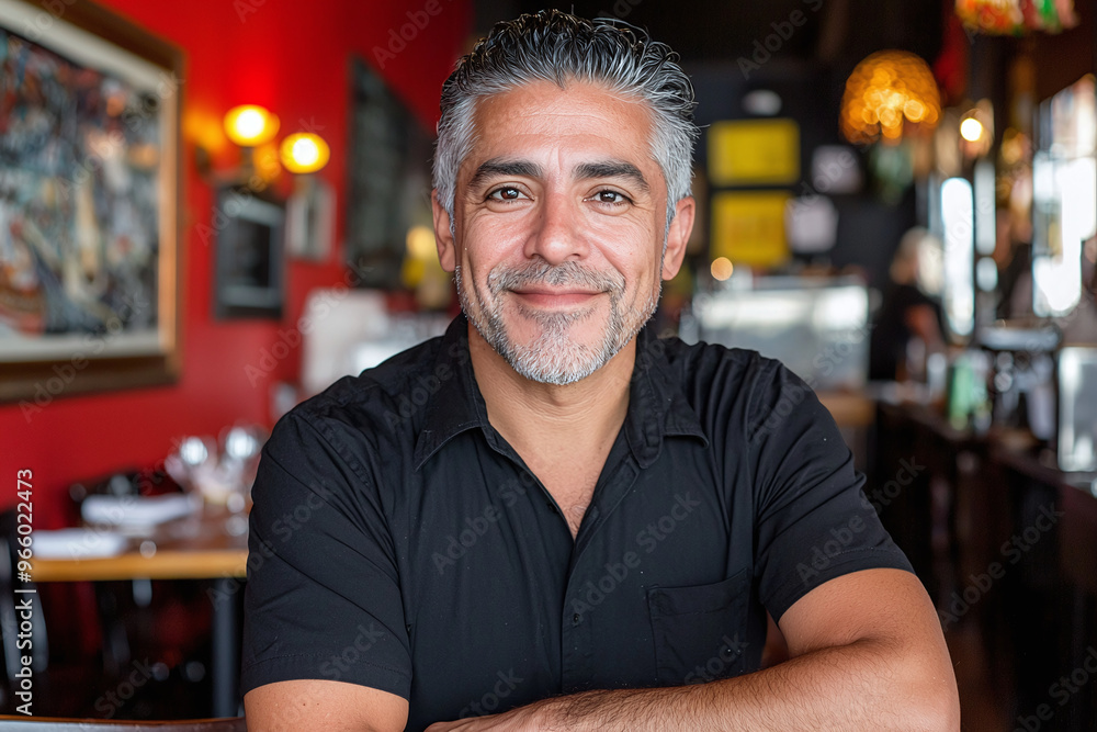 a Latino restaurant owner posing confidently in their eatery, with the background artfully blurred a Latino restaurant owner posing confidently in their eatery, with the background artfully blurred