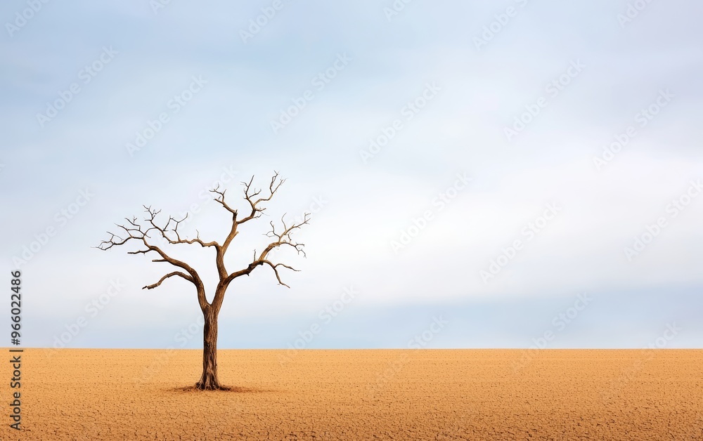 An old, withered tree standing alone in a vast empty field, endurance, loneliness over time An old, withered tree standing alone in a vast empty field, endurance, loneliness over time