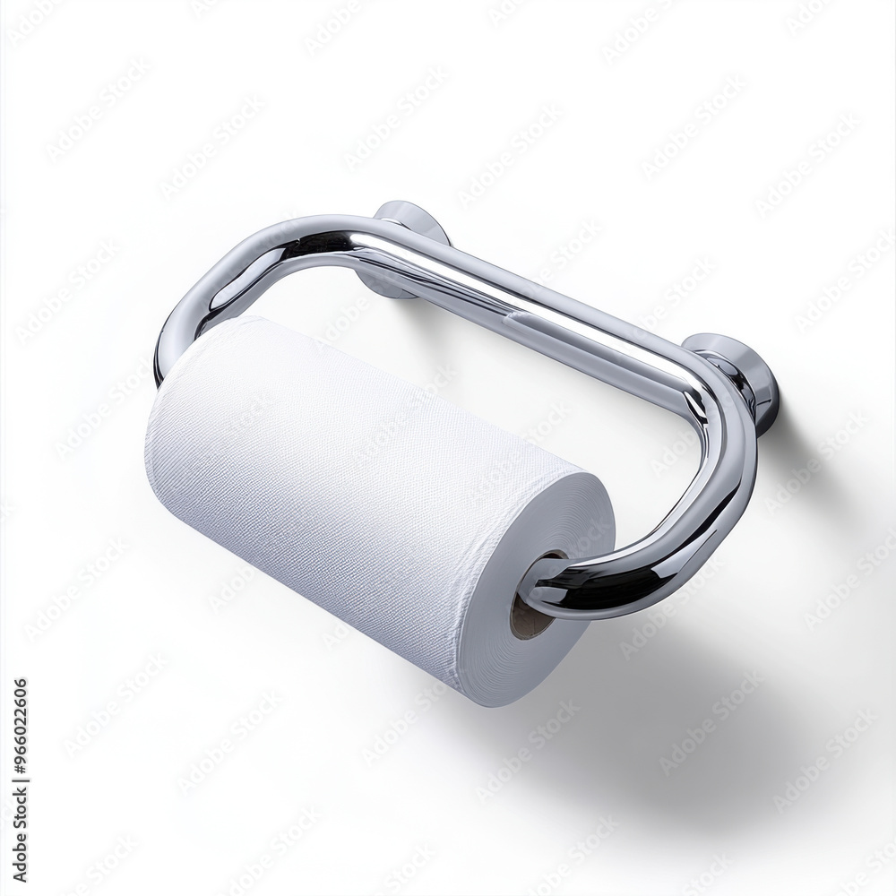 A sleek chrome toilet paper holder with a tissue roll, offering a modern look for contemporary bathroom interiors. A sleek chrome toilet paper holder with a tissue roll, offering a modern look for contemporary bathroom interiors.