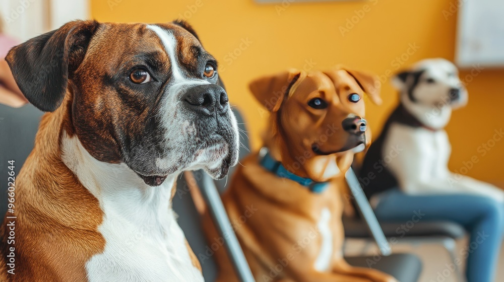 Multiple breeds of dogs in a veterinary clinic waiting room, with a focus on symptoms like loss of appetite. Multiple breeds of dogs in a veterinary clinic waiting room, with a focus on symptoms like loss of appetite.