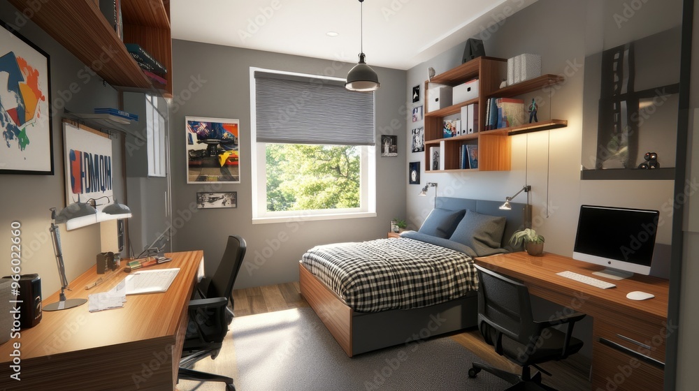Overview of a teenager's room with contemporary interior design, including a desk, bed, and decor, capturing youthful style. Overview of a teenager's room with contemporary interior design, including a desk, bed, and decor, capturing youthful style.