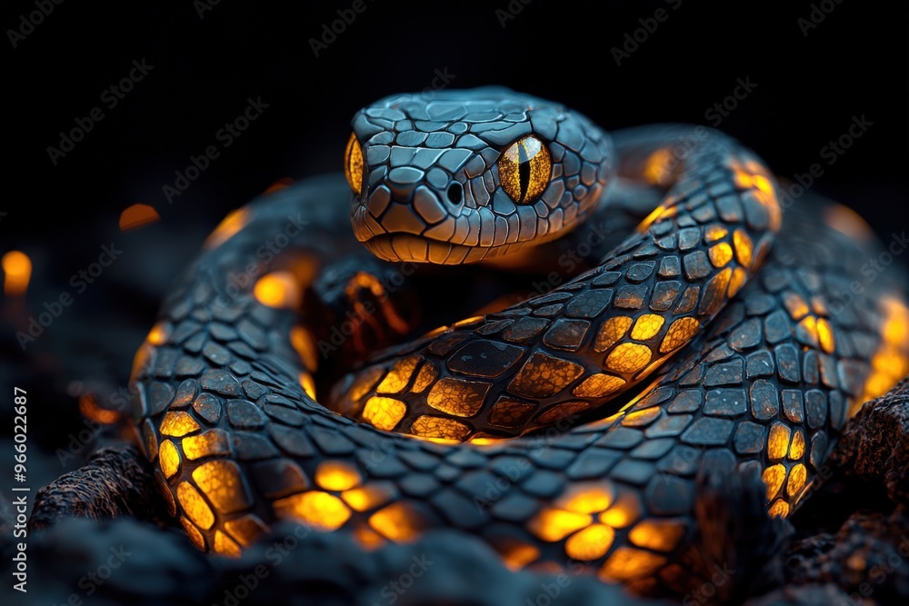 Obraz premium A mesmerizing snake with glowing patterns, coiled elegantly against a dark background, showcasing stunning details and textures.