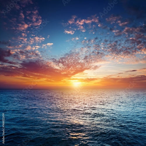 Vibrant sunset over calm ocean with clouds