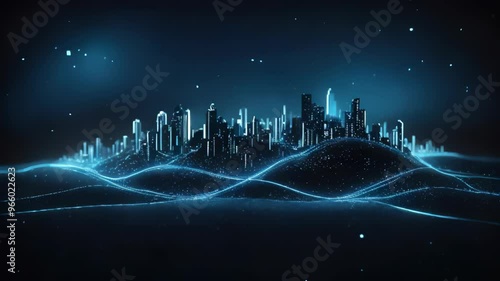 Digital Cityscape with Glowing Buildings and Particles